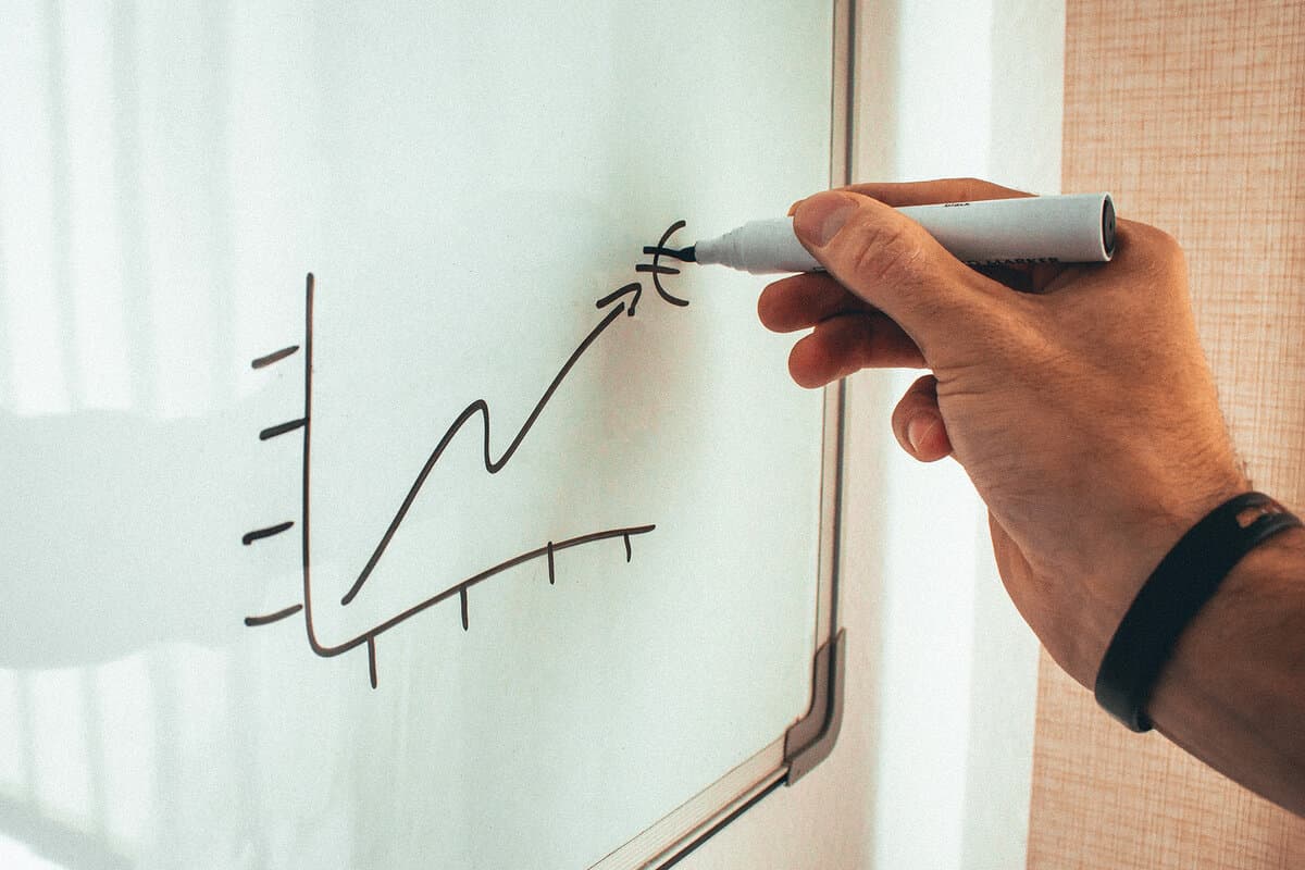 A hand drawing a line chart on a whiteboard with positive growth and a Euro sign showing return on investment