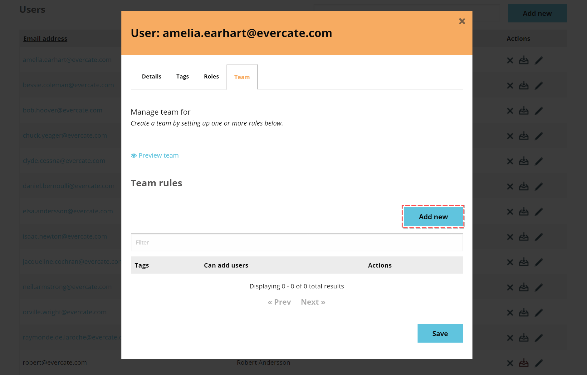 The Team tab with the Add button