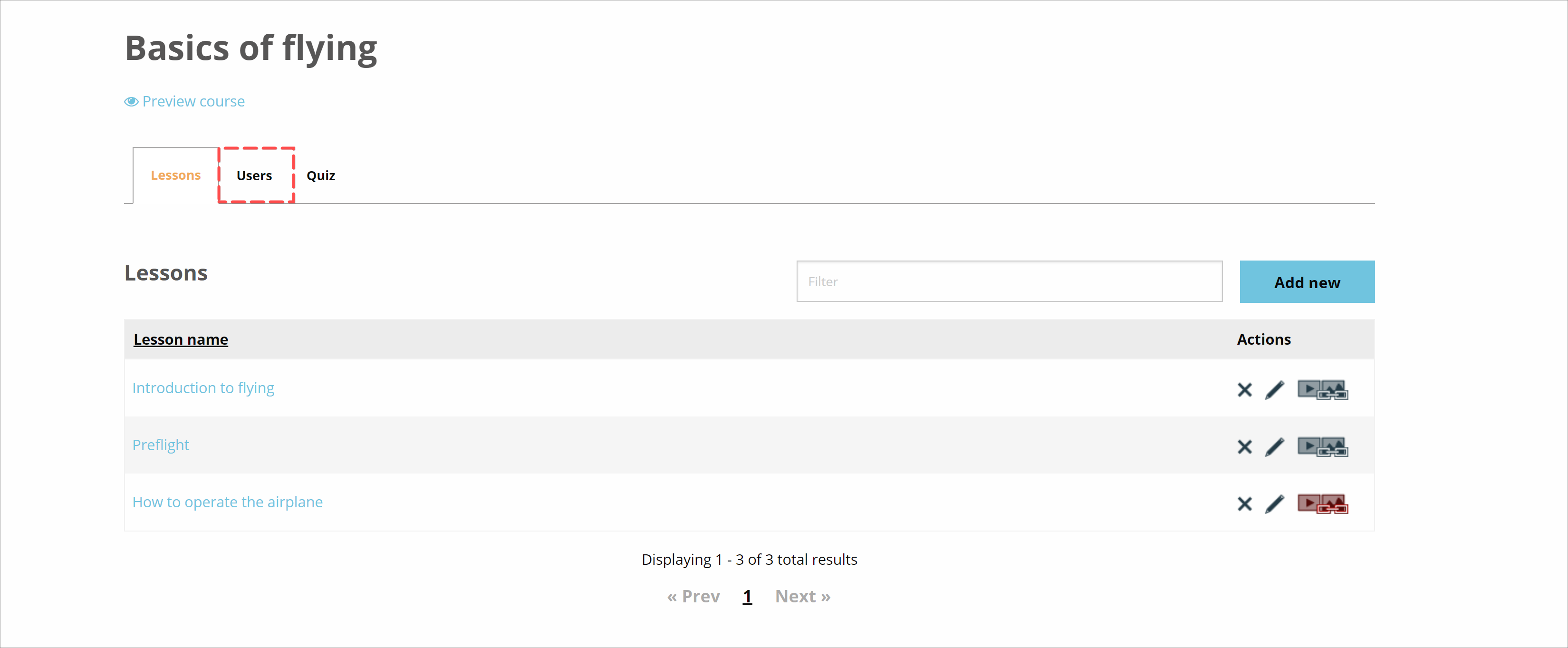 Tabs in the course view with Users highlighted