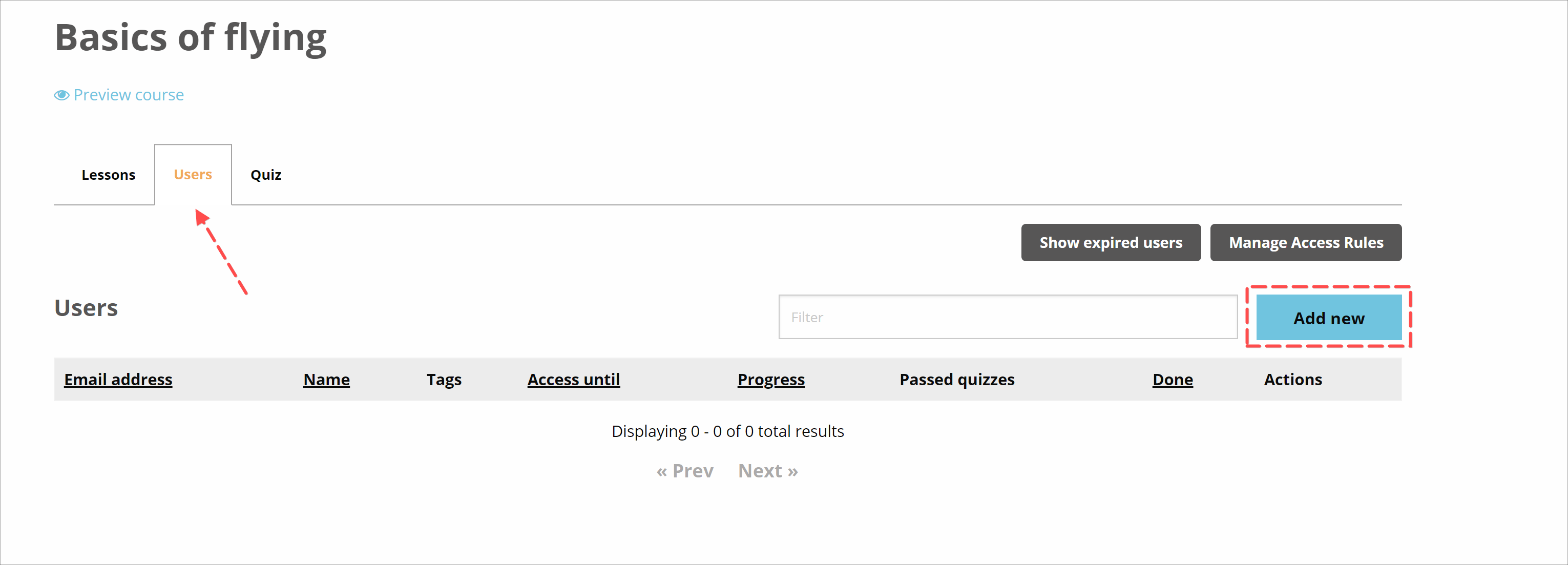 Empty user list with the Add button