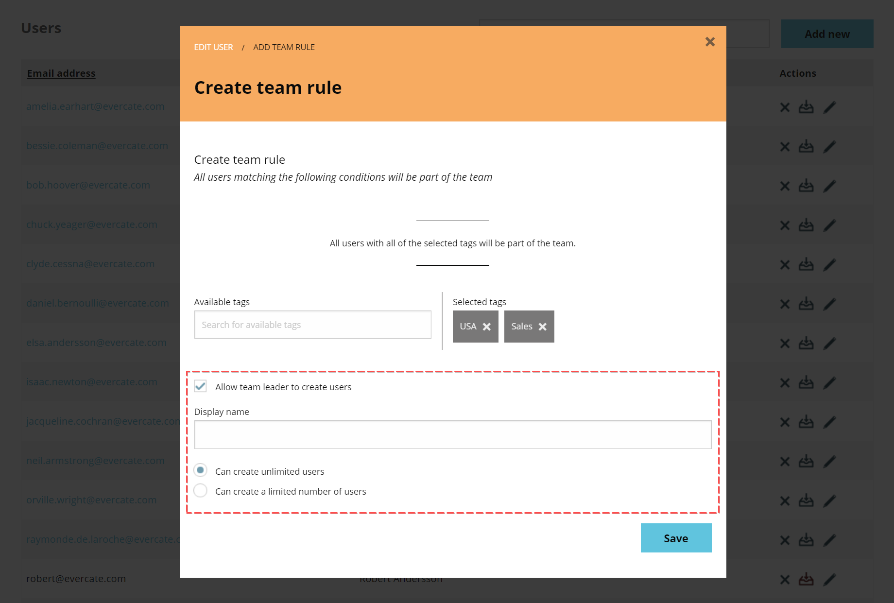 Options for allowing Team Leader to create users