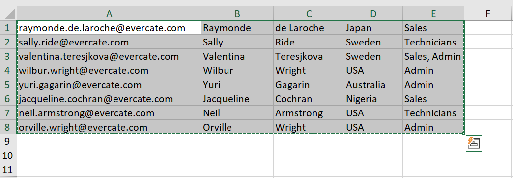 Excel file with user data and tags