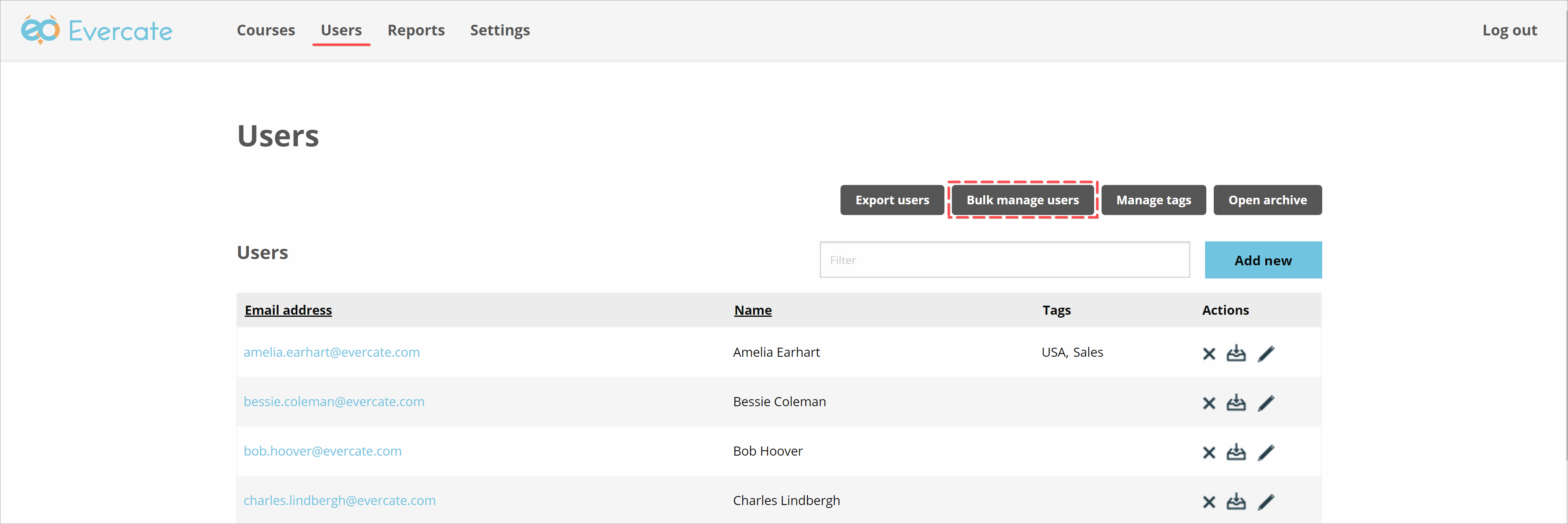 The Users page with the Bulk management button