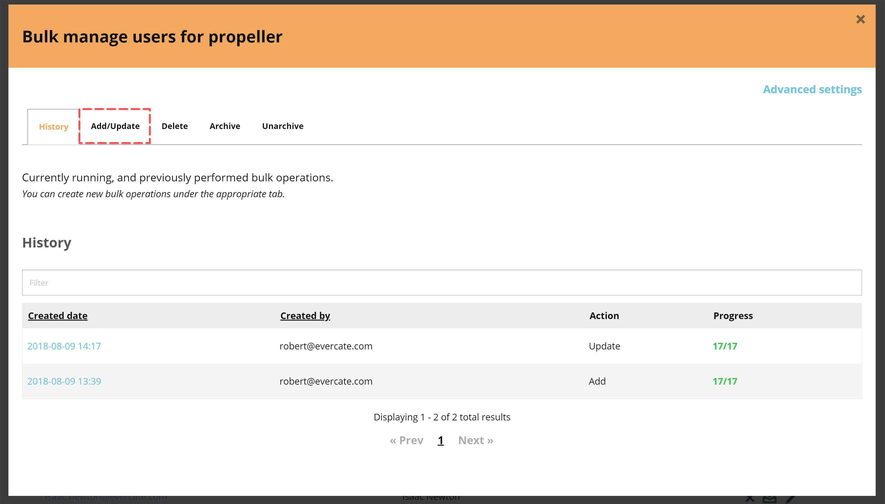 Popup for bulk user management