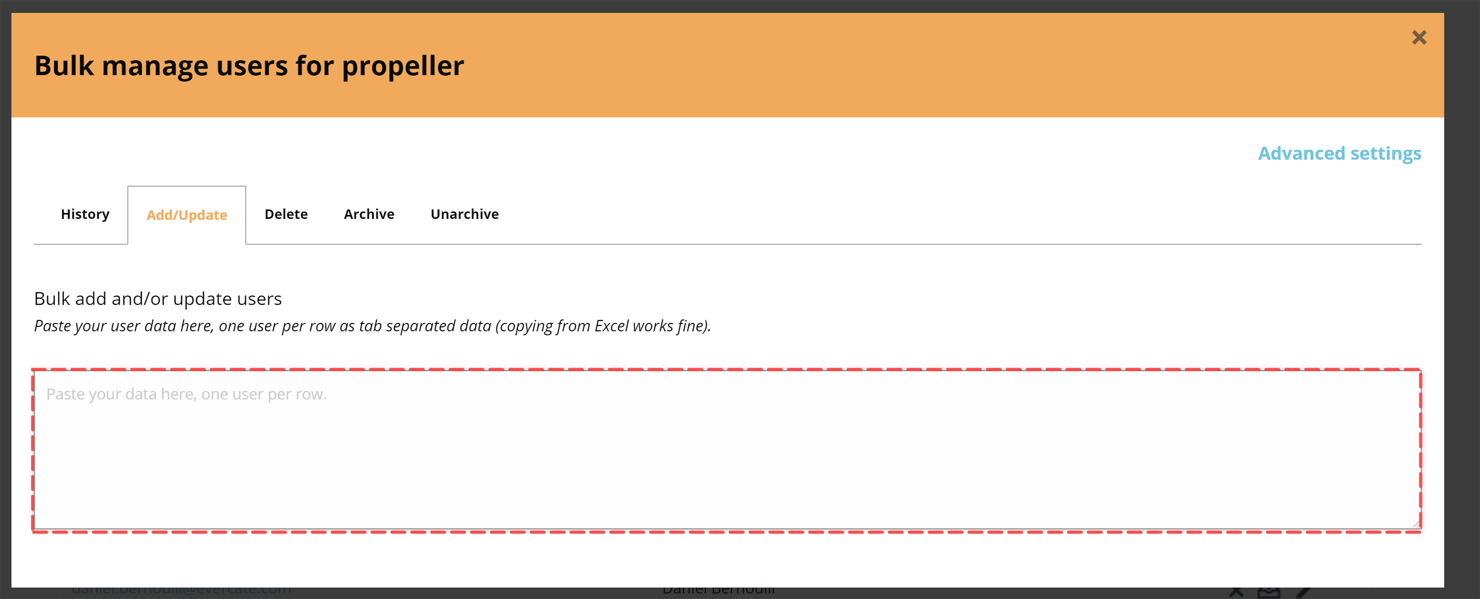 Text area for pasting data