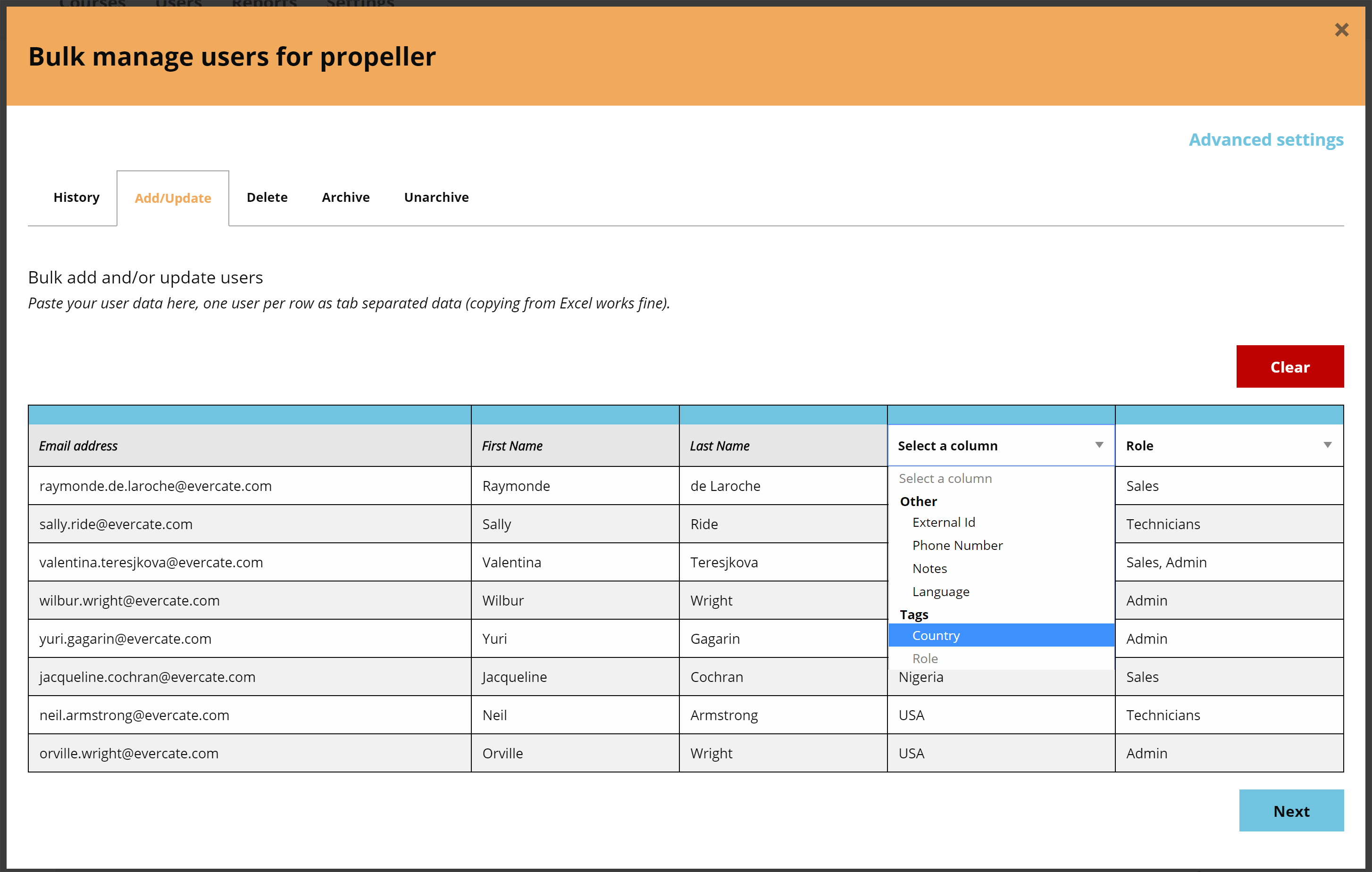 Column headers matched with data