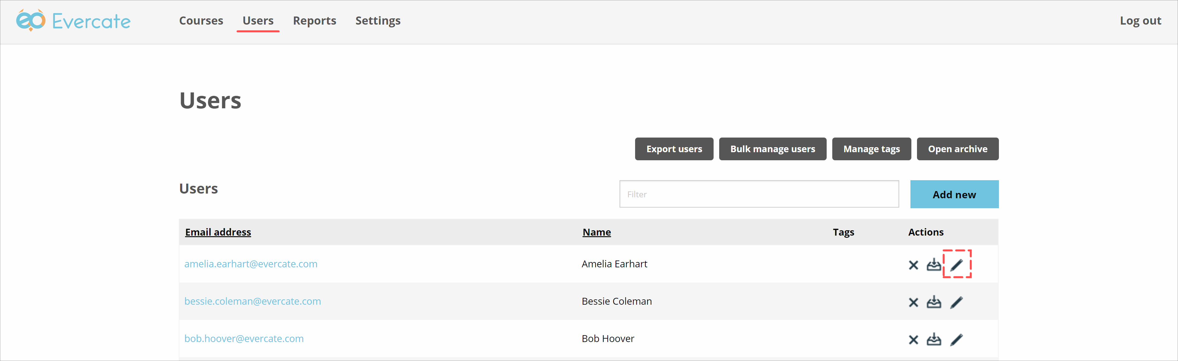 Click the pencil icon to edit a user