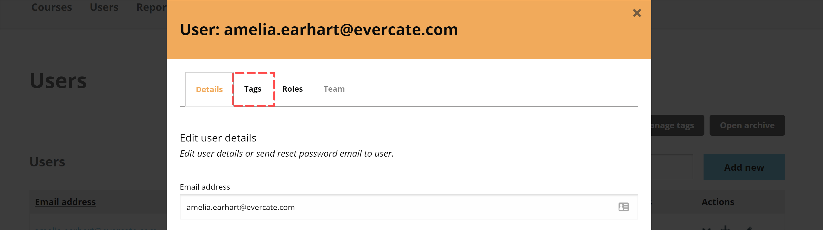 The Tags tab in the popup window