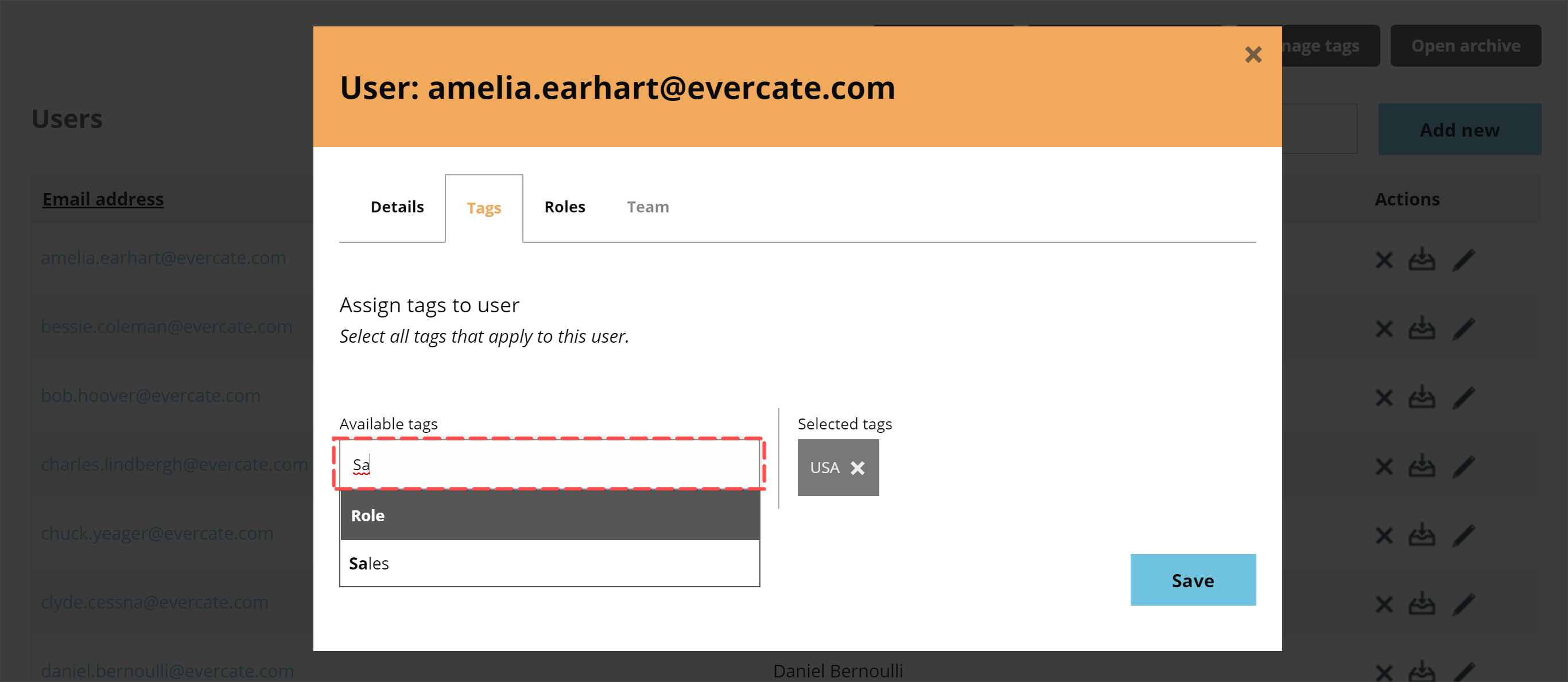 Assign tags to a user
