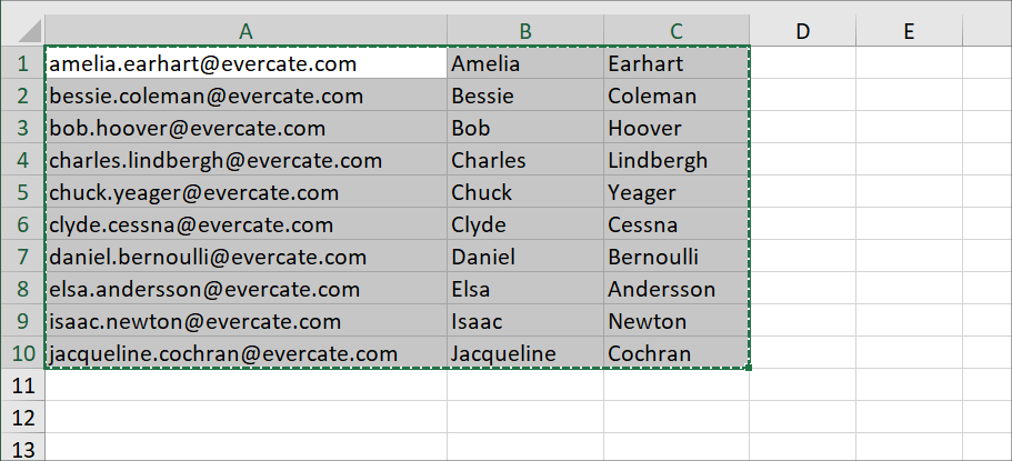 Excel file with user data