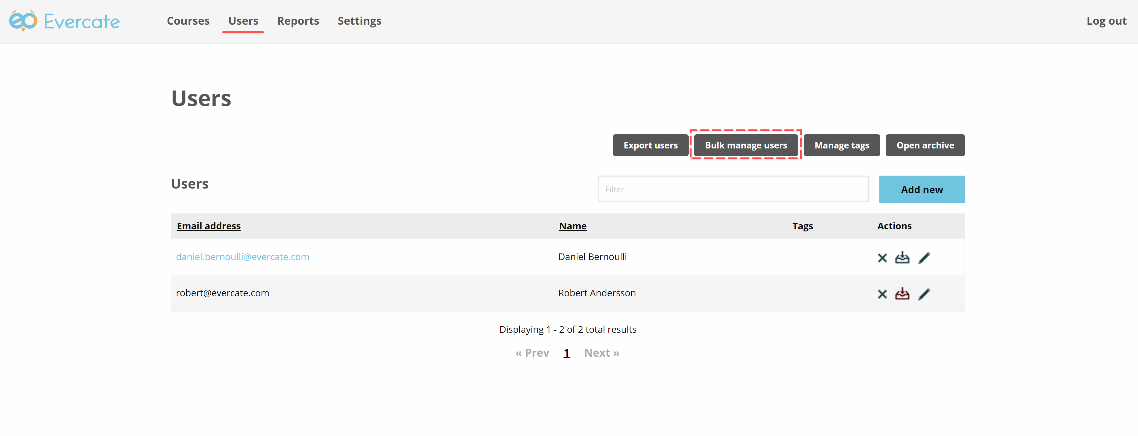 The Users page with the Bulk management button