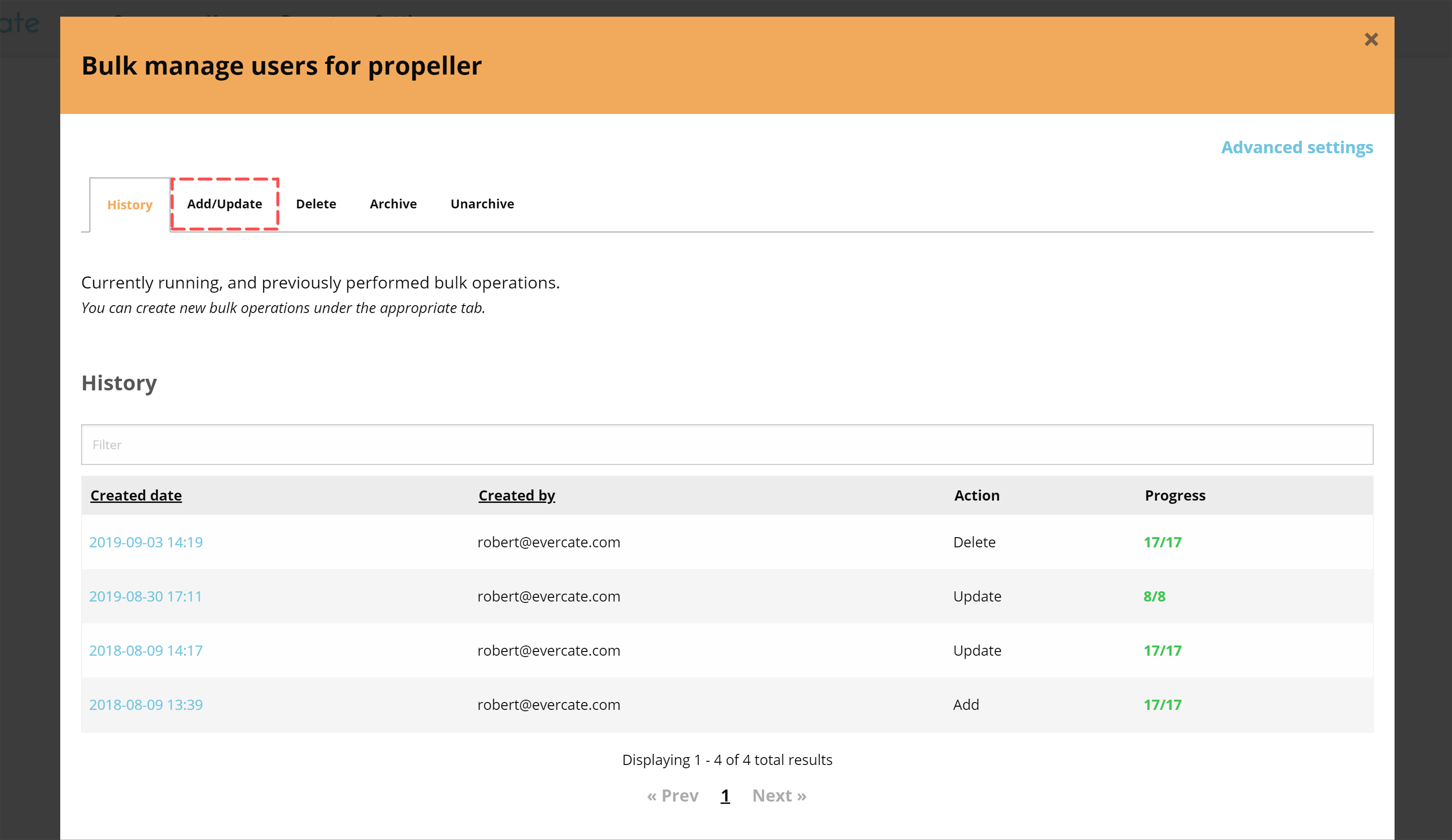 Modal with bulk action history