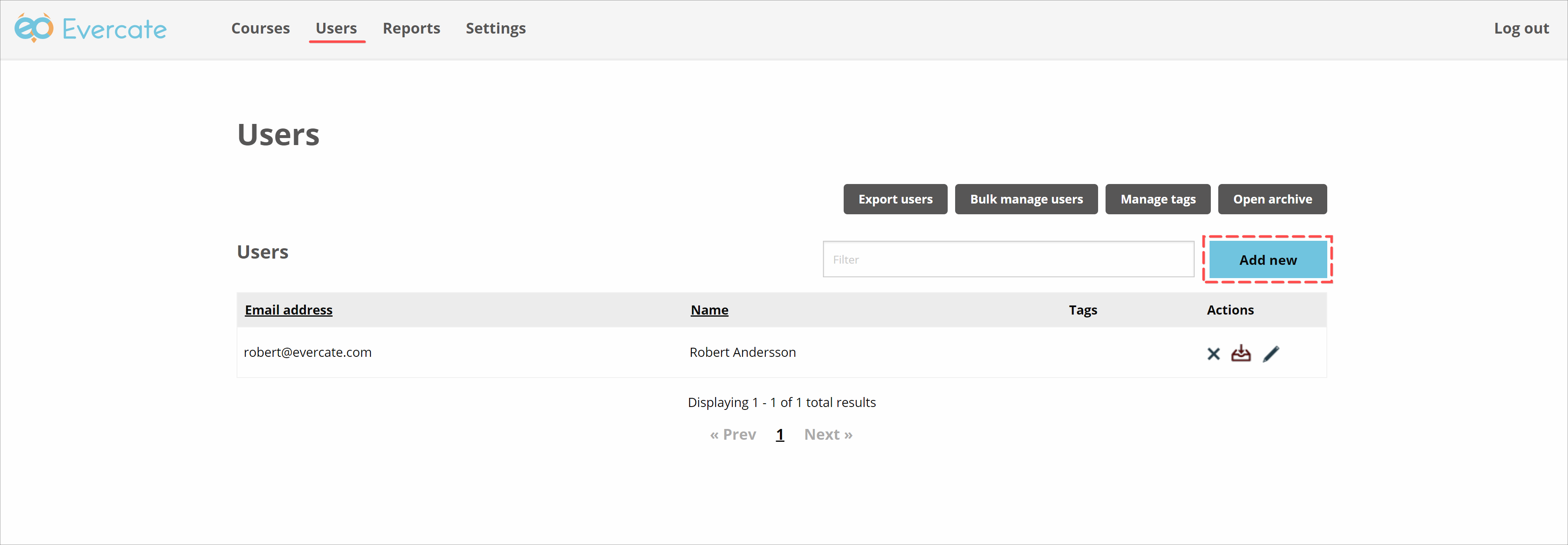 The Users page with the Add button