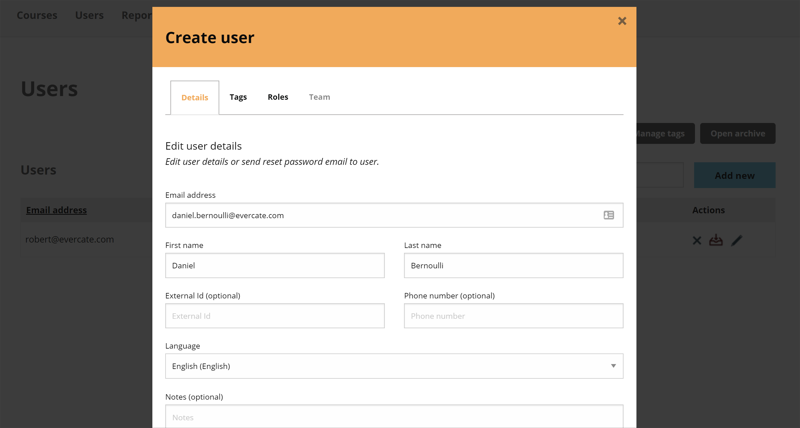 Modal for creating a new user