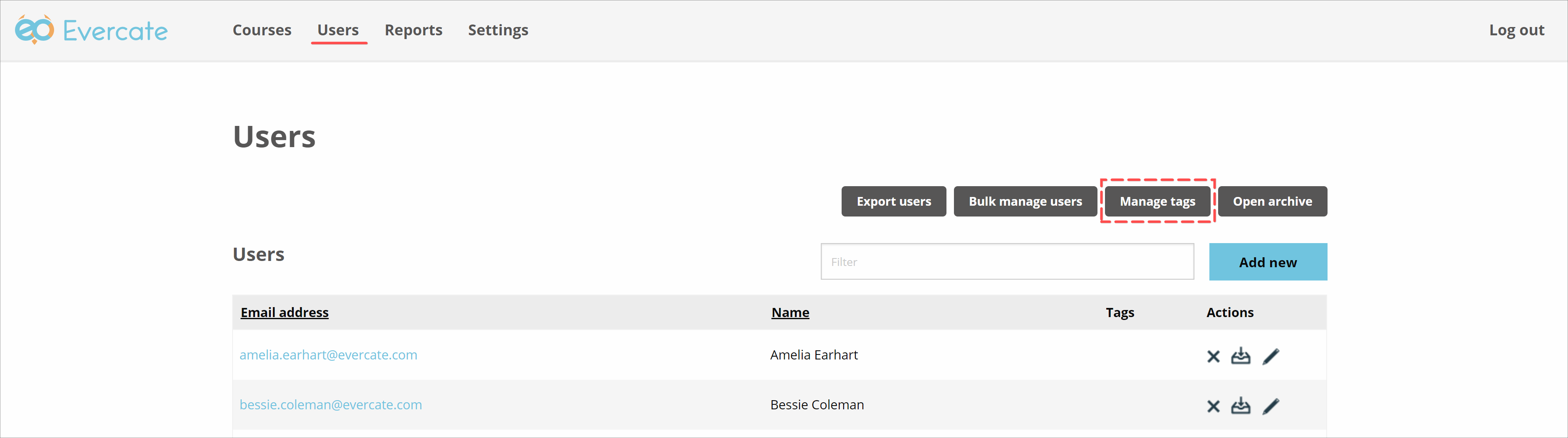 The Users page in Evercate with the Manage tags button