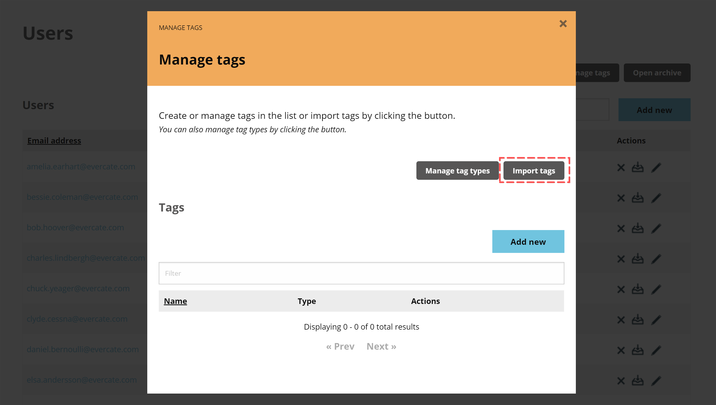 Popup for managing tags in Evercate