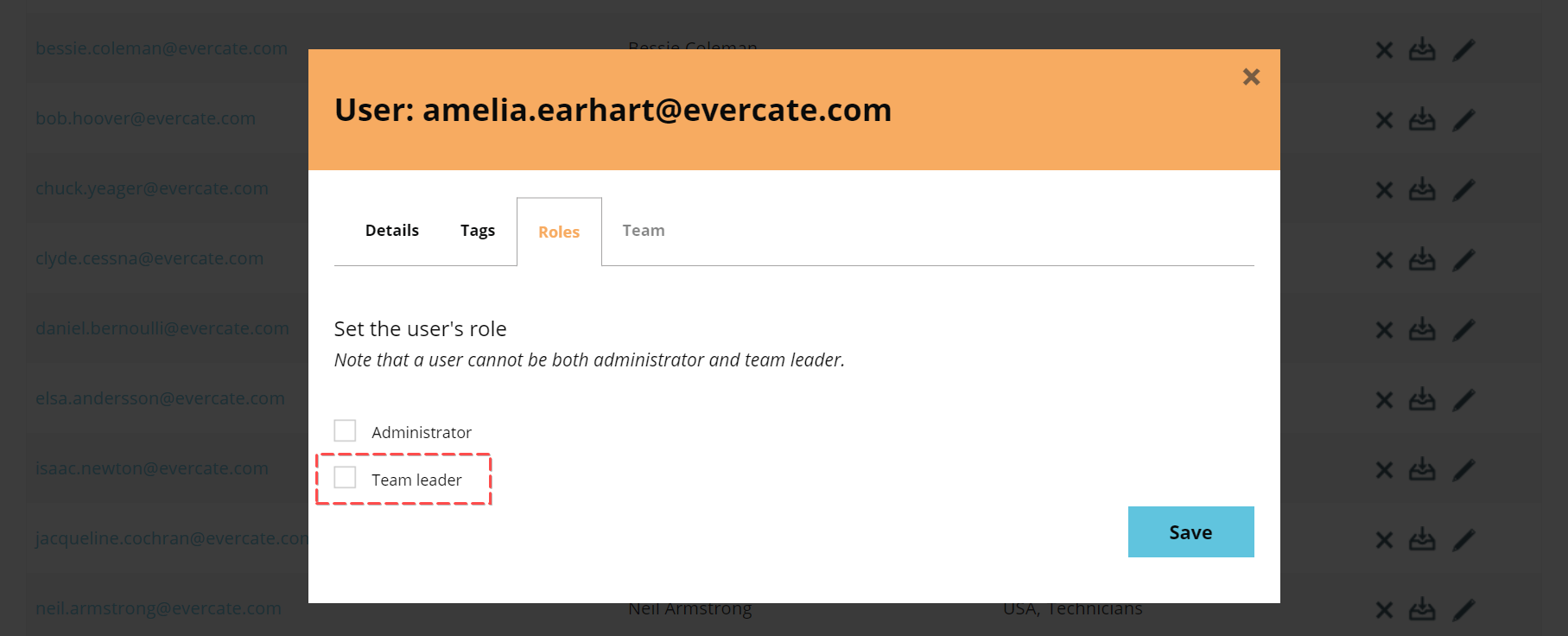 Edit user with the Roles tab