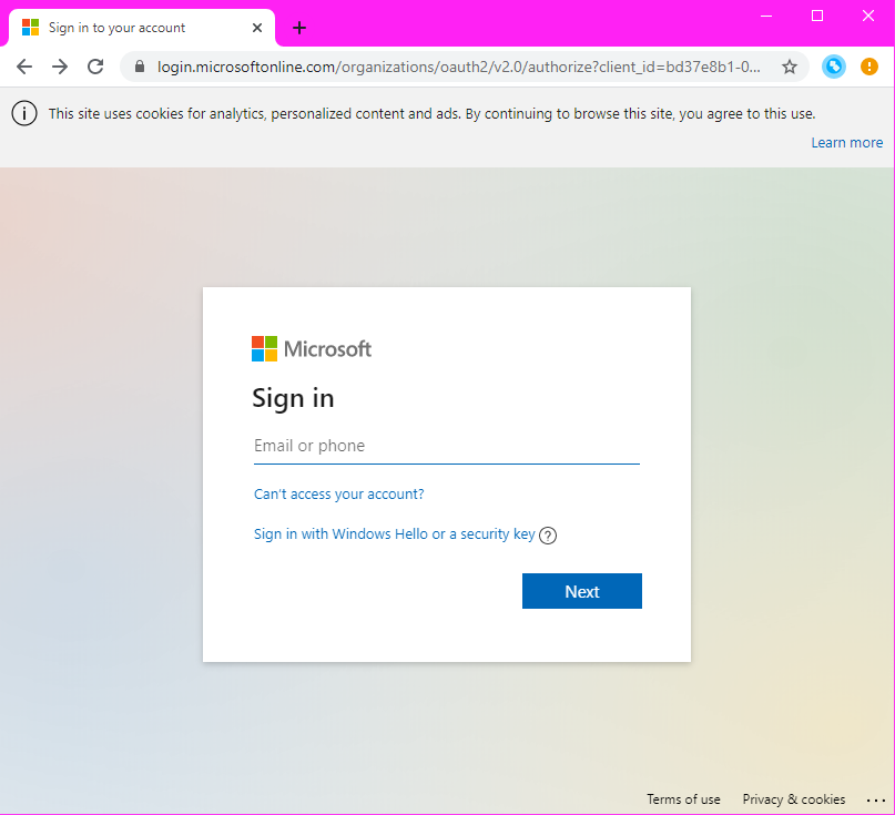 Microsoft sign-in page