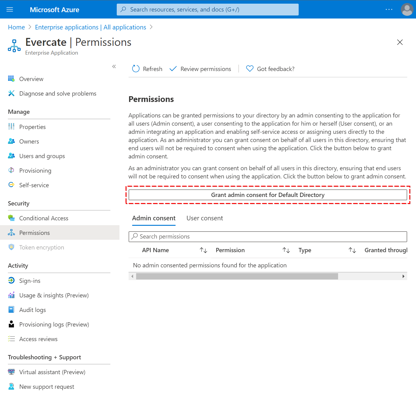Azure Portal - Grant admin consent