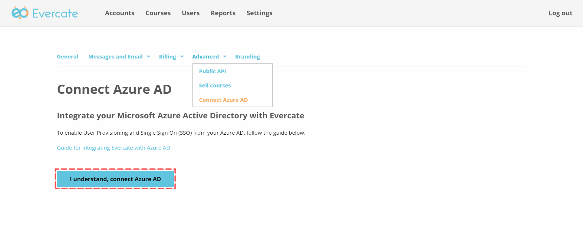 Start Azure AD connection in Evercate