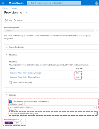Azure Portal - Provisioning settings