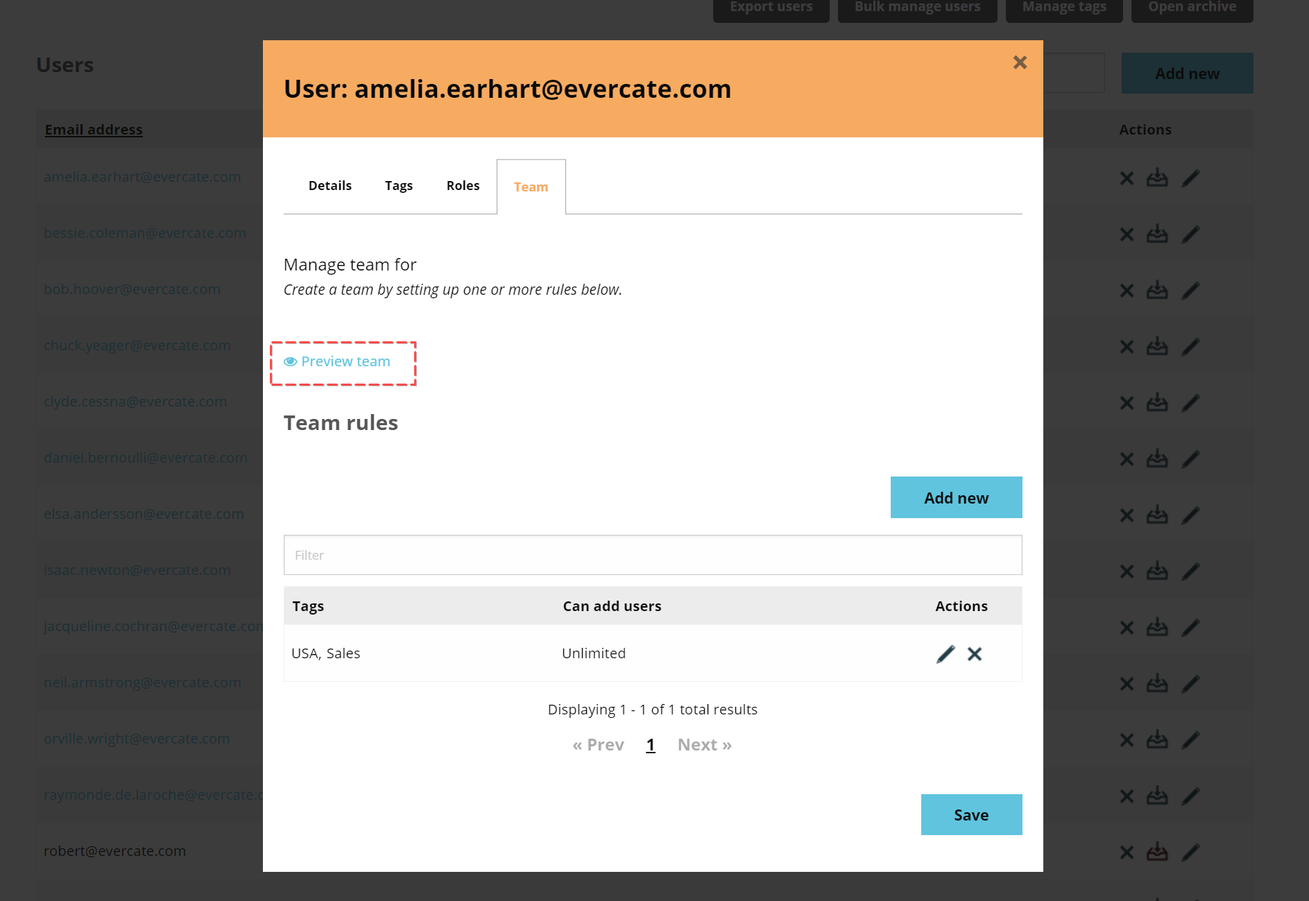 Link to preview a team